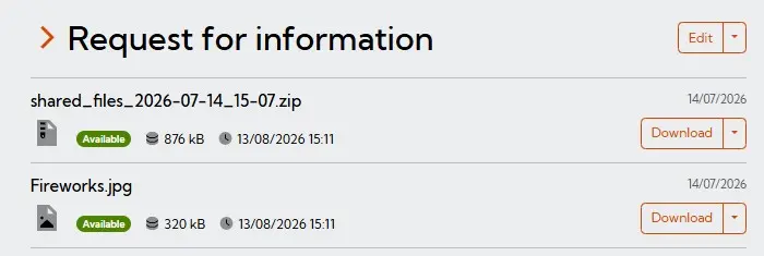Recieved files in response to a sharing request
