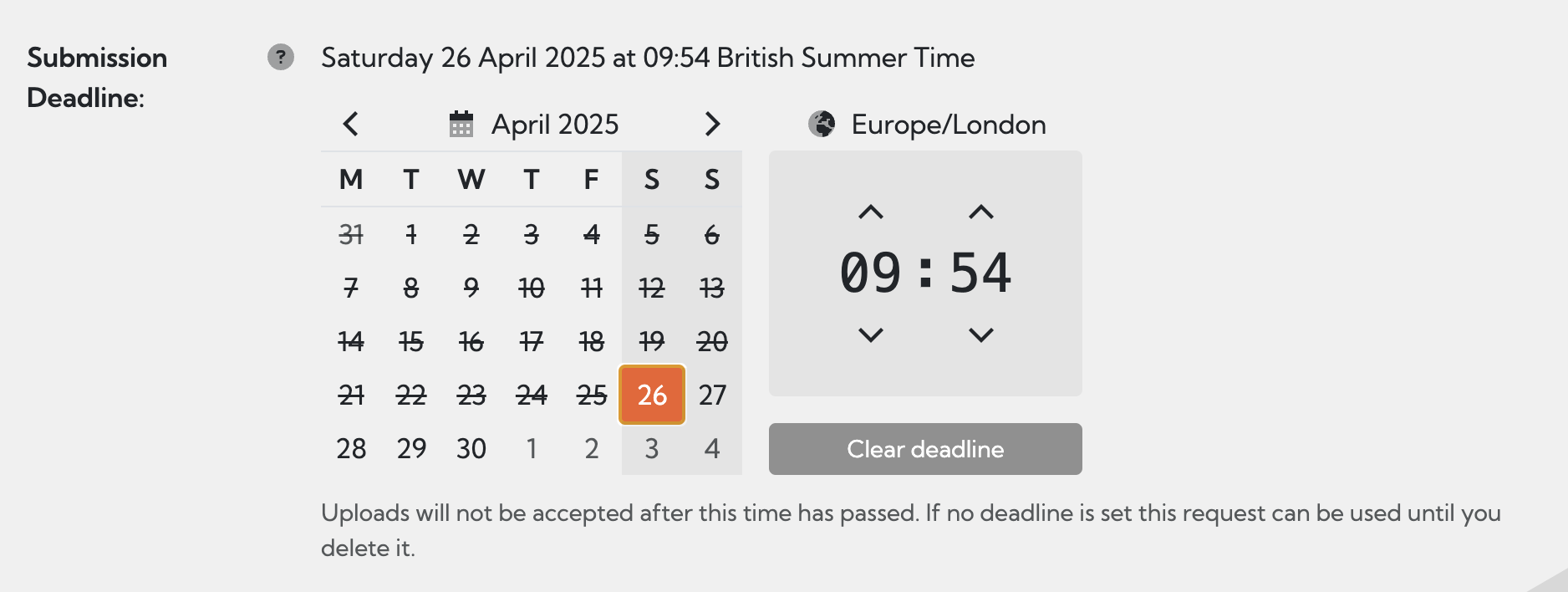 Sharing request submission deadline field