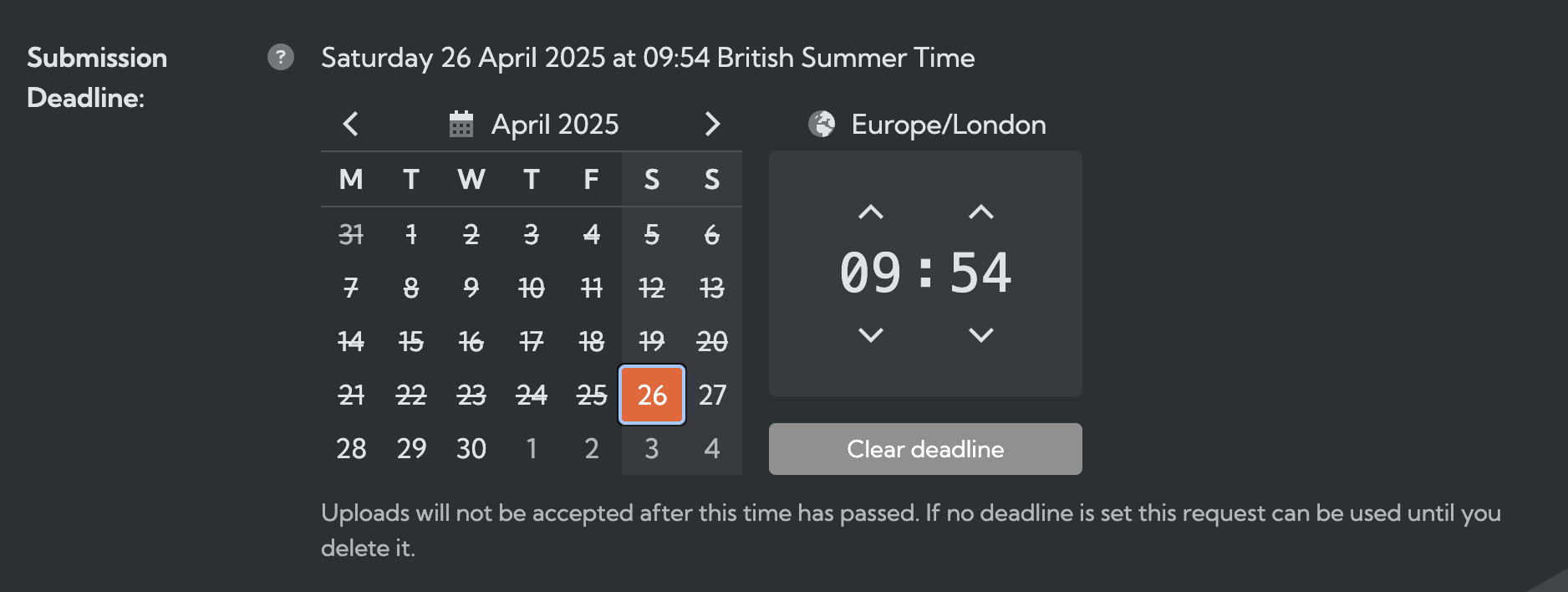 Sharing request submission deadline field