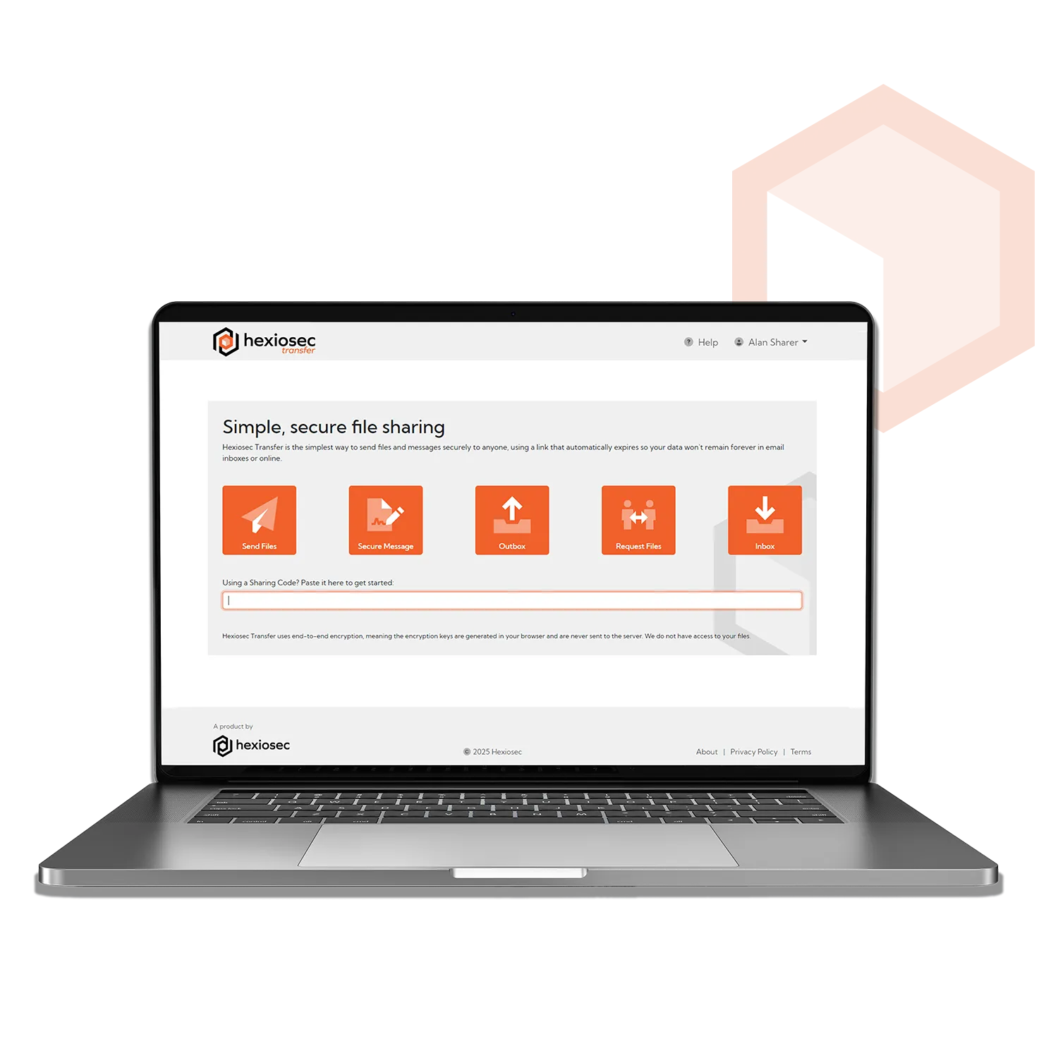 Hexiosec transfer home page shown on a laptop
