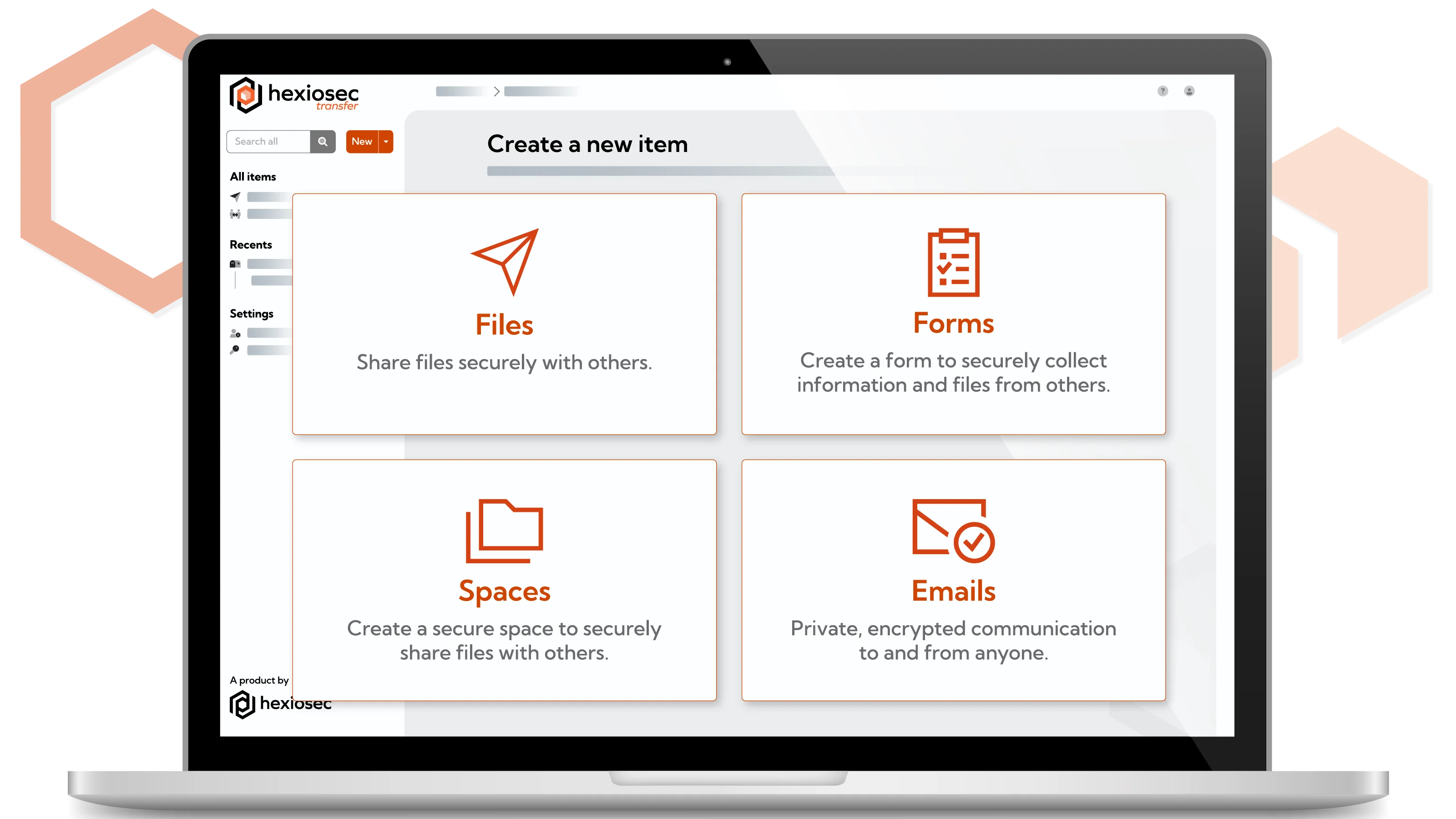 Hexiosec transfer home page shown on a laptop